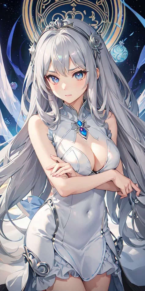 anime girl in a rose silver dress with long gray silver hair and a silver and gray with rose undertone dress, anime goddess, the goddess  of zodiac girl, official art, ((a beautiful fantasy empress)), the godess looking angry, gray silver anime girl with l...