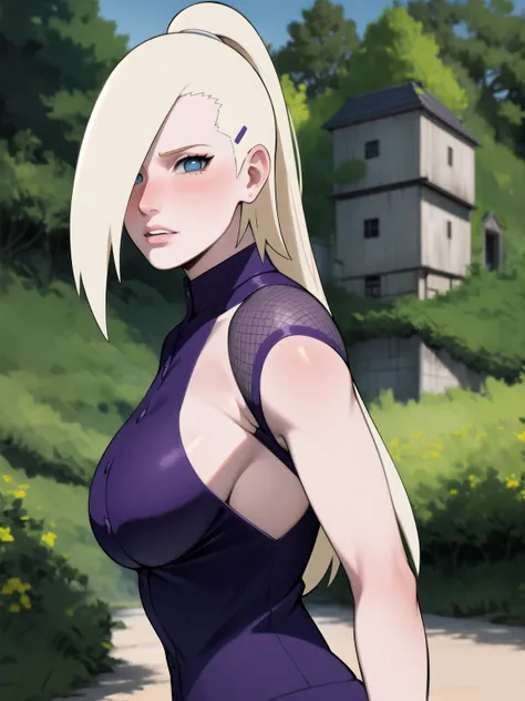 {-erro_de_anatomia:1.0} estilo anime, Masterpiece, absurdities, Yamanaka Ino(Naruto), 1girl Solo, woman, Perfect composition, Detailed lips, Beautiful face, body proportion, Blush, Long blonde hair, blue eyes, purple blouse, purple pant, Soft gauze, Super ...