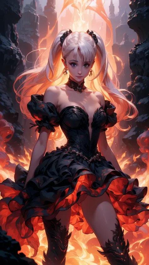 (La mejor calidad,A high resolution,Ultra - detallado,actual),Ariana Grande in a black dress with flames on her chest, epic fantasy art style hd, 4k fantasy art, epic fantasy digital art style, epic fantasy art style, fantasy woman, epic fantasy art portra...