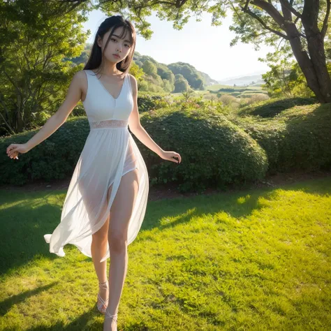 ，masterpiece, best quality，8K, ultra highres，Reallightandshadow，Cinema lenses，(beautidful eyes:1.1)， ((The scene is，The upper part of the body))，dynamicposes，On a green meadow，A gentle goddess came with a gentle step。She wore a white dress，A gentle breeze ...