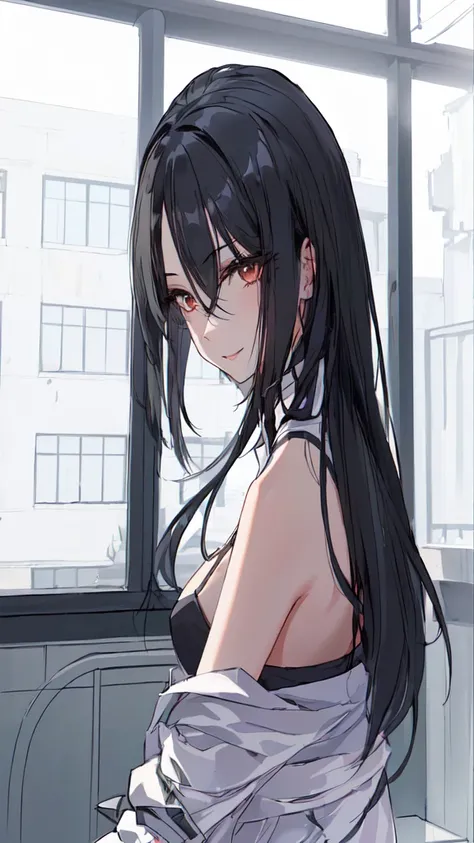 girl with long hair, Bblack hair e mechas roxa, long hair, black hair ((Bblack hair)) sultry gaze, lovely eyes, provocative smile (Bblack hair escuro) Lots of details in the clothes, detailed light and shadow, 8K, Perfect anime