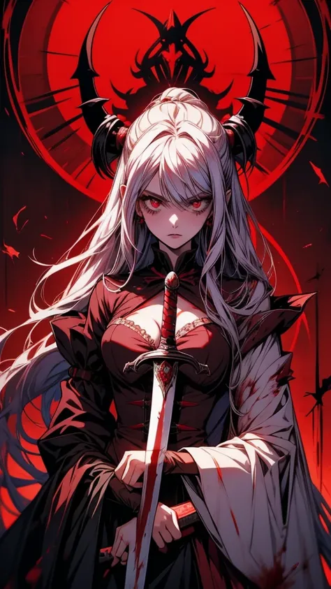 Anime girl with blood on her body holding knife and sword, gapmoe Yandere grimdark, Yandere, gapmoe Yandere, Yandere intricate, inspired By Ren, By Ren, Yandere. expensive, Devil Anime Girl, Spectacular anime style, Gothic Maiden Anime Girl, Shalltear Bloo...