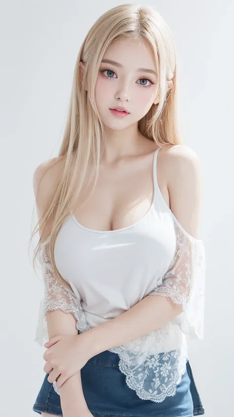 (((Tank top、Off-the-shoulder blouse、mini skirt、White background、Big Breasts)))、forehead、Big Breasts、Northern Europe、Russia、beautiful girl、Platinum Blonde Hair、Straight long hair、Hitting the face and front of the eyes、Big blue eyes、Sheer white and wet night...