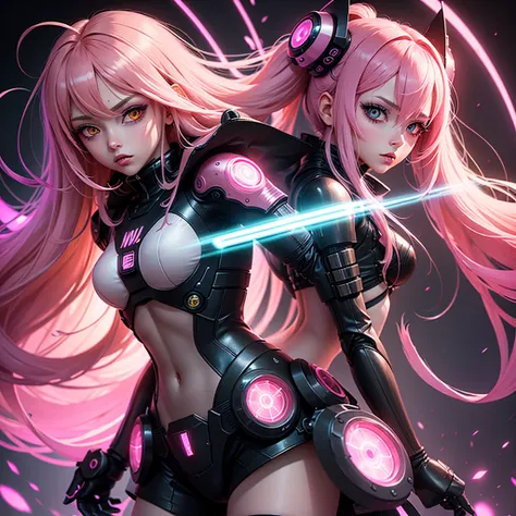 Lonely Android Girl with long pink hair in a pink suit with small yellow elements woman half cyborg modification look to the side Beautiful sexy with bright yellow eyes stands at full height with a half turn sideways Anime Style black background Cyberpunk ...