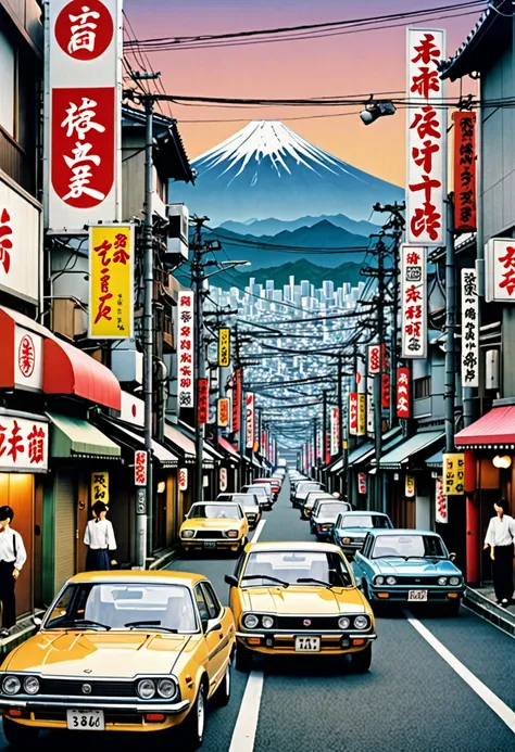 ((masterpiece)), ((Best quality)), ((A high resolution)) ((A real shot)) japan city background, 90s retro poster,  with old Japanese cars . 