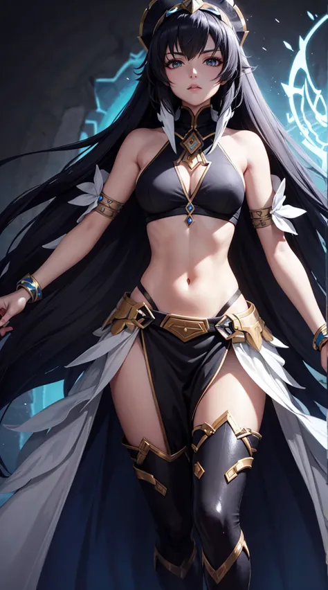 I want this character to have a single hala and look like she came out of an abyss that looks like a warrior. I don&#39;t want her to be the same as the image I give you, just similar or get ideas from what I want. 