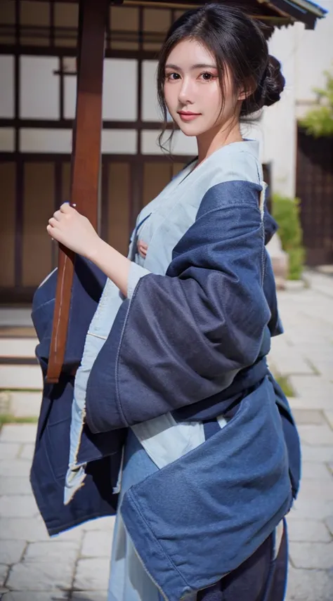 photorealistic, high resolution, 1women, mature female, solo, hips up, black hair, emma (sekiro), japanese clothes, kimono, single hair bun, haori, mature female