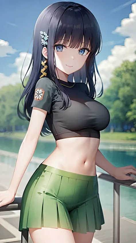 masterpiece, best quality, ultra-detailed, beautiful detailed eyes, extremely detailed eyes and face, 1girl, ShibaMiyuki, hair ornament, black t-shirt, green skirt, pleated skirt, ((medium breasts)), standing, looking at viewer, smiling, seductive smile, f...