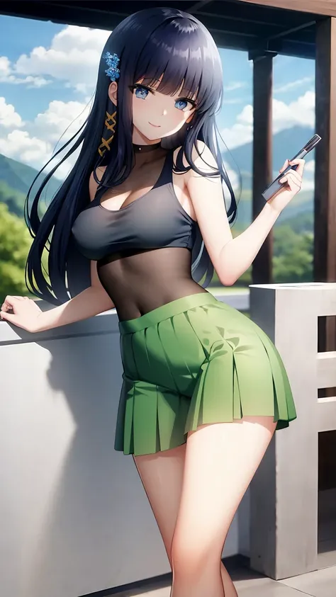 masterpiece, best quality, ultra-detailed, beautiful detailed eyes, extremely detailed eyes and face, 1girl, ShibaMiyuki, hair ornament, black t-shirt, green skirt, pleated skirt, ((medium breasts)), standing, looking at viewer, smiling, seductive smile, f...