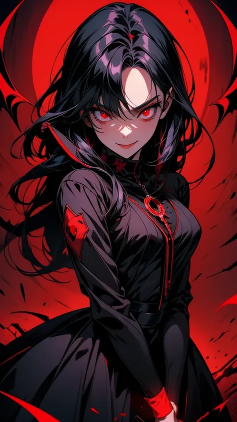 anime girl With red eyes and black hair with a black dress, Devil Anime Girl, With eyes that glow red, everyone, Red eyes glow, With red eyes, Beautiful and detailed anime art, Wicked smile and glowing eyes, Detailed digital anime art, Detailed Key Anime A...