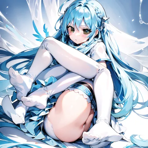 masterpiece, highest quality, highest resolution, clear_image, detailed details, light blue hair, long hair, one girl, light blue eyes, white stockings, military clothing, light blue scarf, light blue wings (2 wings), cute, full body, no water marks