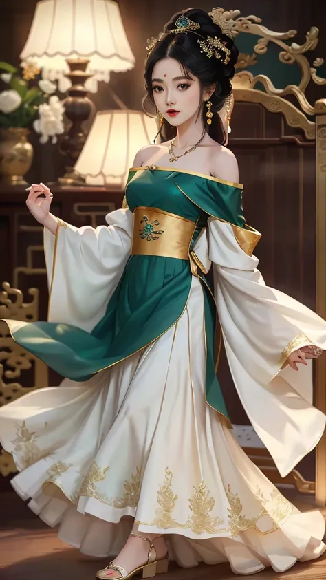 Girl in traditional Chinese clothing, Hanfu, Guzhen Hanfu women, green Hanfu,(long straight black hair:1.5), black eyes, black bun hairstyle, hair accessories ,white diamond earrings, Bangle Diameter, Dia Necklace, Clear eyes, Facing forward,put on makeup,...