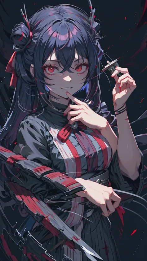 Red-eyed anime girl holding a knife in her hand, gapmoe Yandere grimdark, gapmoe Yandere, Shalltear Bloodfallen, Yandere, Yandere intricate, portrait gapmoe Yandere grimdark, Anxious smile, [[[[smile wickedly]]]], Laughing lasciviously, Slasher Smile
