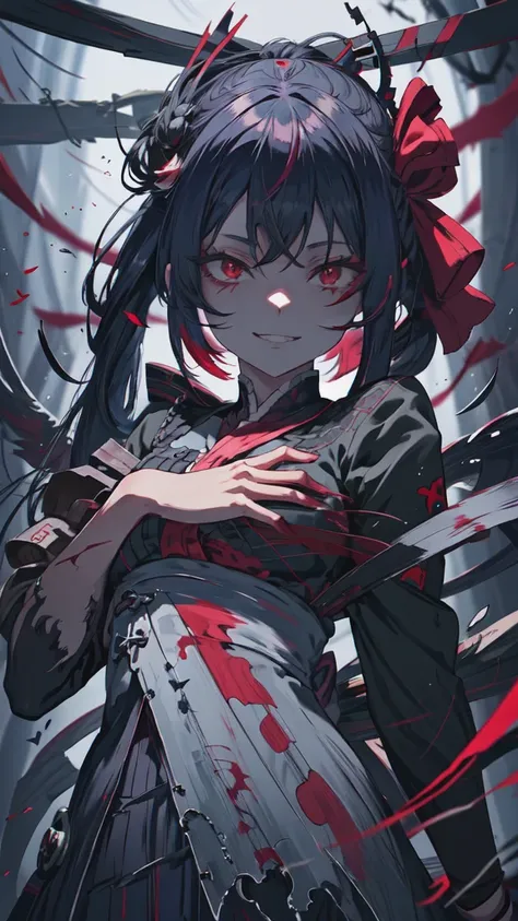 Red-eyed anime girl holding a knife in her hand, gapmoe Yandere grimdark, gapmoe Yandere, Shalltear Bloodfallen, Yandere, Yandere intricate, portrait gapmoe Yandere grimdark, Anxious smile, [[[[smile wickedly]]]], Laughing lasciviously, Slasher Smile
