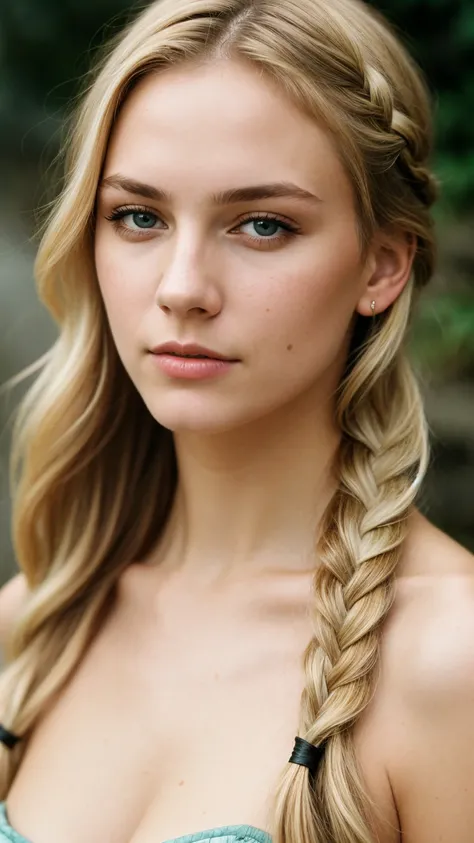 Photograph of a woman, (ambivalent facial expression), face looking at camera, full face, portrait, faces are visible more, and the eyes look straight, textured leather, goosebumps, ash blonde mermaid with braid, Perfect eyes, (ektachrome), Velvia 100 colo...