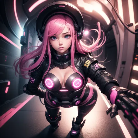 Lonely Android Girl with long pink hair looks to the side, she is in a pink suit with small yellow elements, woman half cyborg modification Beautiful sexy with bright yellow eyes stands in full height with a half turn sideways Anime Style black background ...