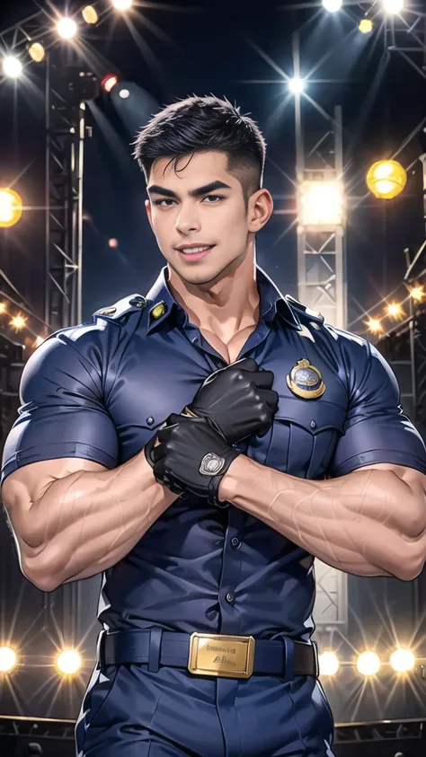 handsome man sit on the table ,(crew cut short hair:1.2),black eye,smile,open mouth (navy police uniform and t-shirt:1.2),(open ...