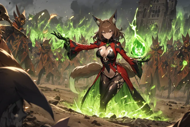 hand drawing, high detail, kitsune necromancer on a battlefield, using magic to raise the dead, sexy outfit, brown hair, brown eyes, evil, green magic, foxtail