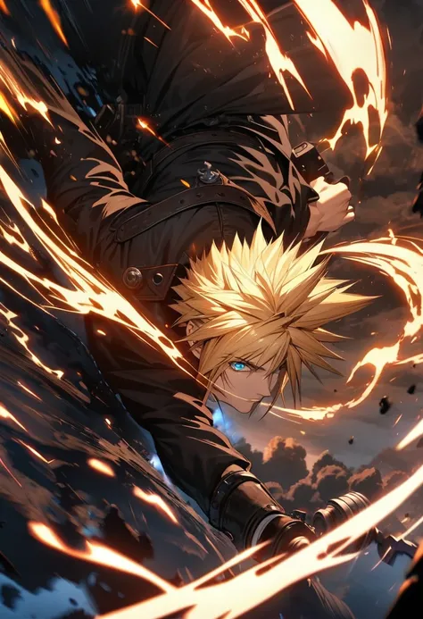 Symetrical,absurdres, highres, ultra detailed, HDR, masterpiece, extremely detailed face and eyes, Cloud Strife,final fantasy 7, yellow hair , , solo, man, handsome, ,, , Epic fight scene,black  lightning effect, glowing glitters, Epic black jacket, black ...