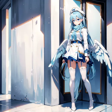 masterpiece, highest quality, highest resolution, clear_image, detailed details, light blue hair, long hair, one girl, light blue eyes, white stockings, military clothing, light blue scarf, light blue wings (2 wings), cute, full body, no water marks