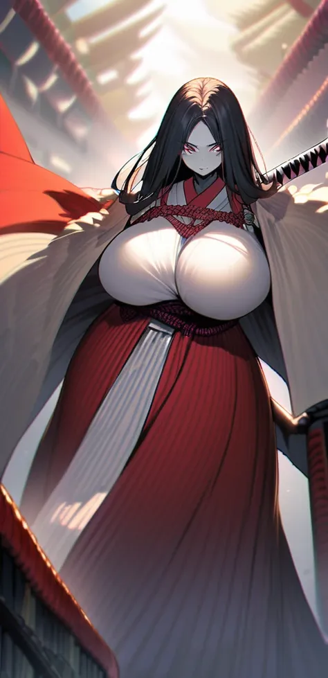 samurai woman with gigantic round breast that are twice the size of her head, she has extremely wide hips, she wears a long dark...