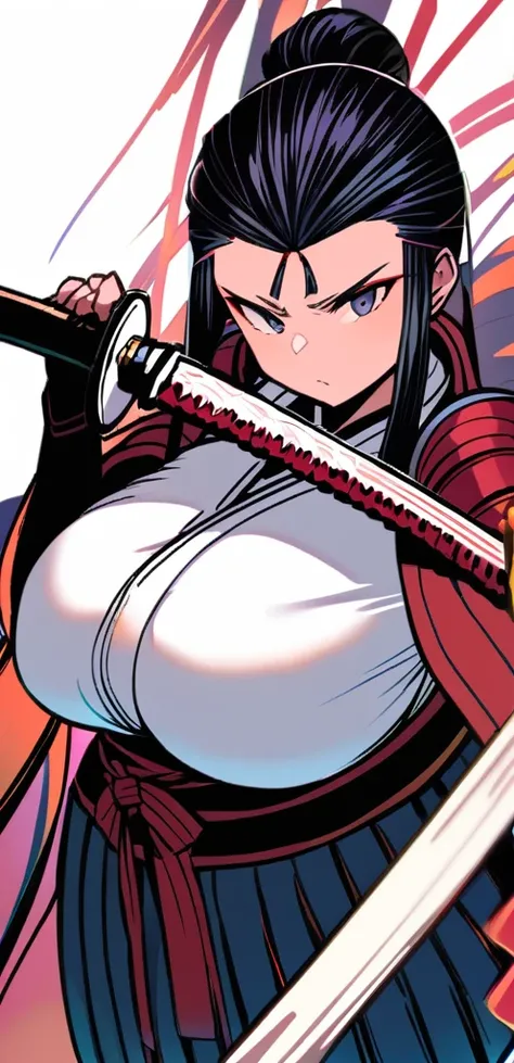 Samurai woman with gigantic round breast that are twice the size of her head, she has extremely wide hips, she wears a long dark hakama that covers her body, holding katana, she has a serious look on her face, ready for battle