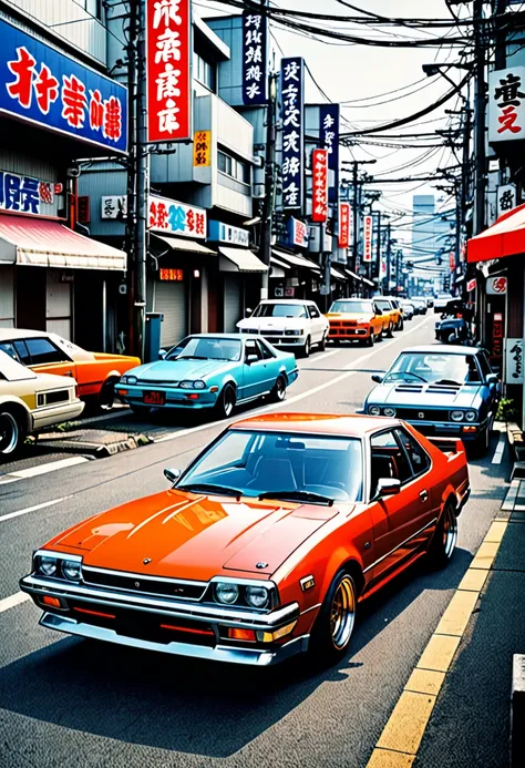 ((masterpiece)), ((Best quality)), ((A high resolution)) ((A real shot)) 90s retro poster,  with old Japanese cars in bosozoku style ((Natural light)) darkening city, Japanese style inscriptions on the poster , like a magazine cover