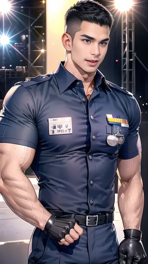 handsome man  sleep on the table ,(crew cut short hair:1.2),black eye,smile,open mouth
(navy police uniform:1.2),(shirt short sl...