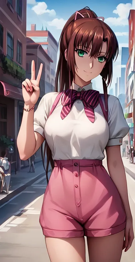 score_9, score_8_up, score_7_up, masterpiece, best quality, 1girl, sayaka kirasaka, source_anime, , standing, outdoors, posing, city, peace sign, arched back, large breasts