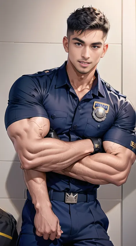 handsome man sleep on the table ,(crew cut short hair:1.2),black eye,smile,open mouth (navy police uniform:1.2),(shirt short sleeves:1.2),collar,(shirt covered over:1.2),(name tag and Police badge:1.3),(shirt no buttons:1.1),(black_gloves:1.3), (Navy blue ...