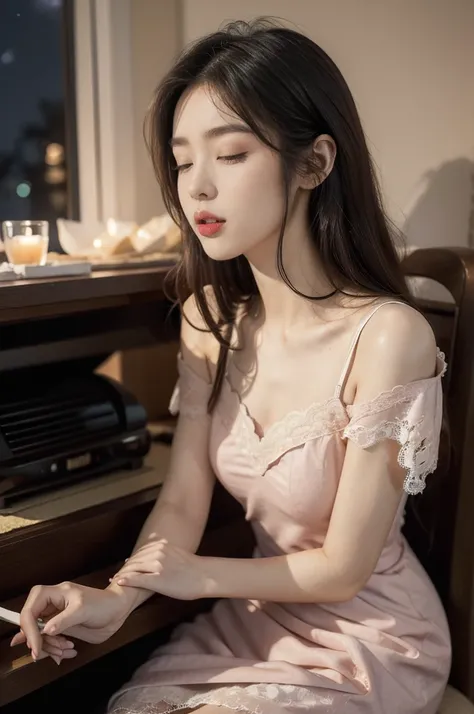 (((best quality))),(((ultra detailed))),(((masterpiece))),illustration,((1 beautiful young girl,solo,)),((slim,thin)),((small breasts,flat chest)),(shoulder length straight bob hair:1.2),(round face:1.2),delicate, sitting on the chair beside the dining tab...