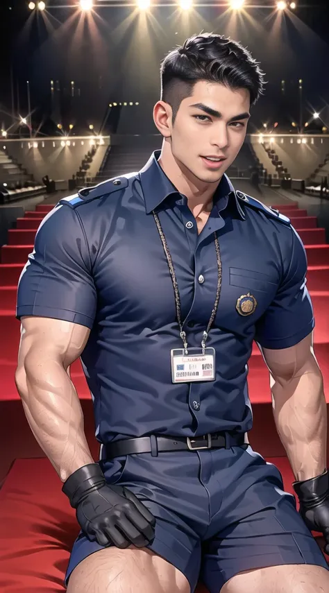 handsome man Lying down next to the stage ,(crew cut short hair:1.2),black eye,smile,open mouth (navy police uniform:1.2),(shirt short sleeves:1.2),collar,(shirt covered over:1.2),(name tag and Police badge:1.3),(shirt no buttons:1.1),(black_gloves:1.3), (...