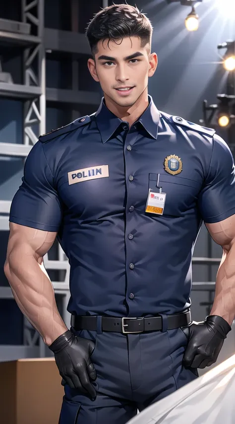 handsome man Lying down next to the stage ,(crew cut short hair:1.2),black eye,smile,open mouth (navy police uniform:1.2),(shirt short sleeves:1.2),collar,(shirt covered over:1.2),(name tag and Police badge:1.3),(shirt no buttons:1.1),(black_gloves:1.3), (...