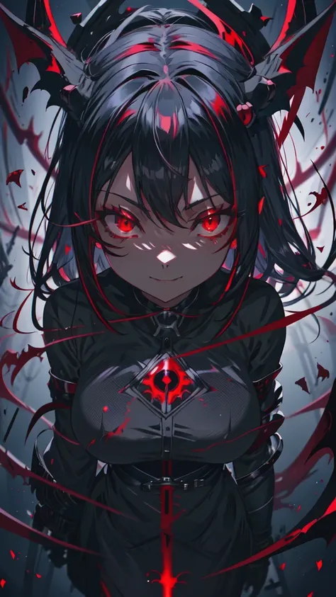 anime girl With red eyes and black hair with a black dress, Devil Anime Girl, With eyes that glow red, everyone, Red eyes glow, With red eyes, Beautiful and detailed anime art, Wicked smile and glowing eyes, Detailed digital anime art, Detailed Key Anime A...