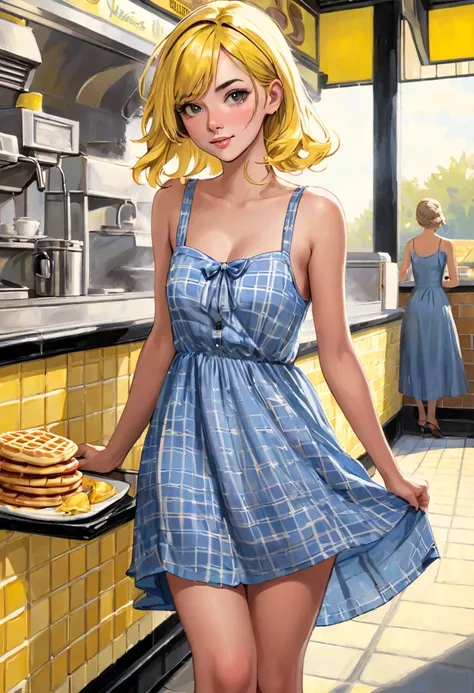 Seductive mid 20s female, sundress, in a sundress, at waffle house