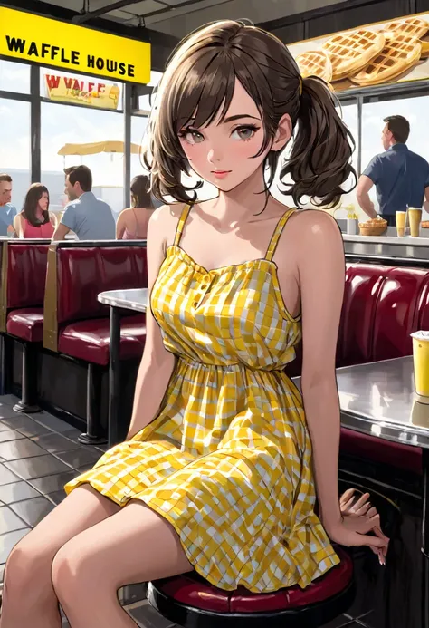 Seductive mid 20s female, sundress, in a sundress, at waffle house