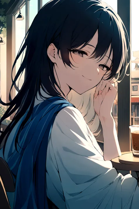 Wanderer smiling softly, half lidded eyes, upper body shot, sitting on a cafe