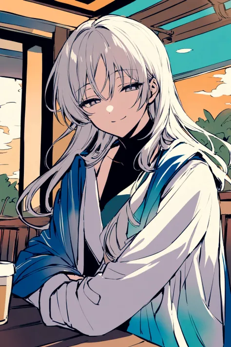 Wanderer smiling softly, half lidded eyes, upper body shot, sitting on a cafe