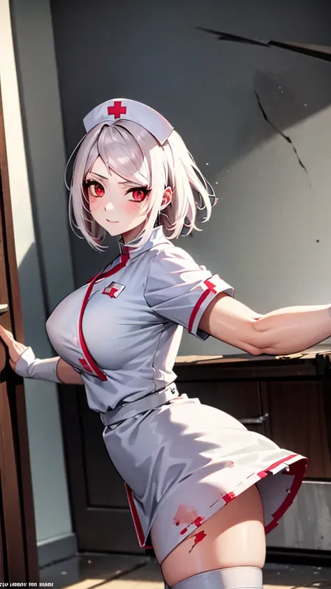 Masterpiece artwork, highest quallity, More details, 1 girl, BREAK, horor, (Little injured girl, bloodstains, bleeding, injury), Bright white hair, red eyes like jewels, anime highlighted eyes, (nurse uniform: 1.4), (White tight miniskirt: 1.2), white pant...