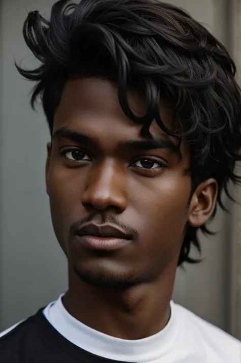 Creates a dark-skinned teenage man with black hair and brown eyes 