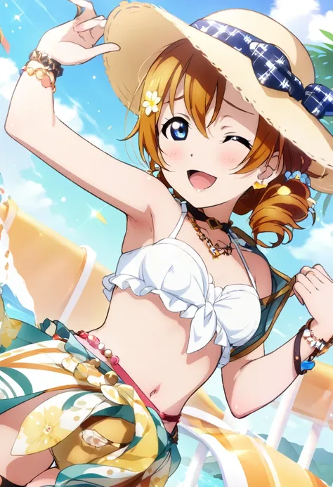 (masterpiece), (best quality), 1girl, medium breasts, id_honoka_kosaka, bikini, sunhat, looking at viewer, armpit, white background