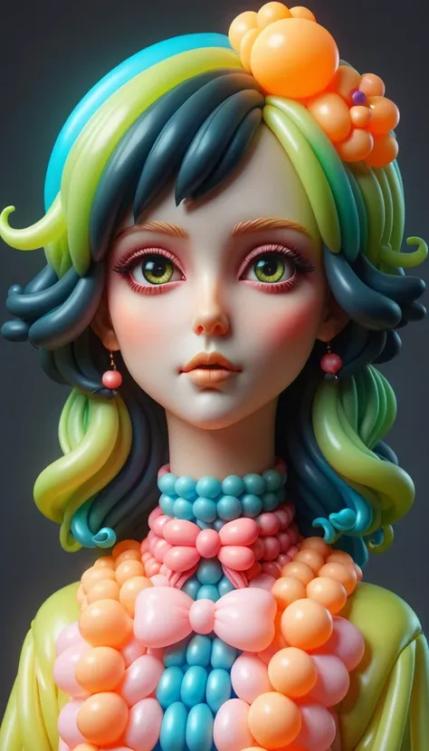 macabre style kawaii style adorable 3d character, ombre color scheme of neon orange, neon pink, neon blue, neon yellow, neon gre...