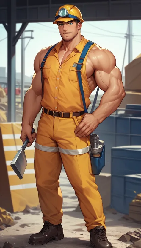 best quality, masterpiece, handsome man, muscular bodybuilder, construction worker gear, tight clothes, construction site, perfect fingers, no watermark, no logo, no signature