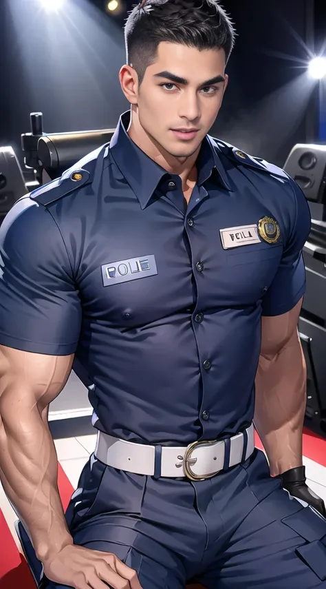 handsome man Lying down next to the stage ,(crew cut short hair:1.2),black eye,smile,open mouth (navy police uniform:1.2),(shirt short sleeves:1.2),collar,(shirt covered over:1.2),(name tag and Police badge:1.3),(shirt no buttons:1.1),(black_gloves:1.3), (...