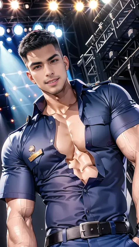 handsome man Lying down next to the stage on the table ,(crew cut short hair:1.2),black eye,smile,open mouth (navy police uniform and t-shirt:1.2),(open shirt short sleeves:1.2),collar,(shirt covered over:1.2),(name tag and Police badge:1.2),(shirt no butt...