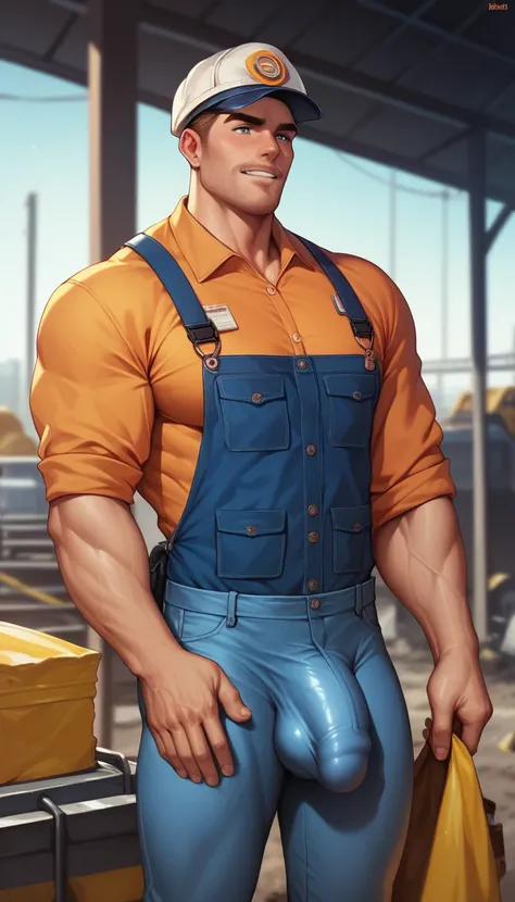 best quality, masterpiece, handsome man, muscular bodybuilder, construction worker gear, tight clothes, big bulge, penis outline, construction site, perfect fingers, no watermark, no logo, no signature