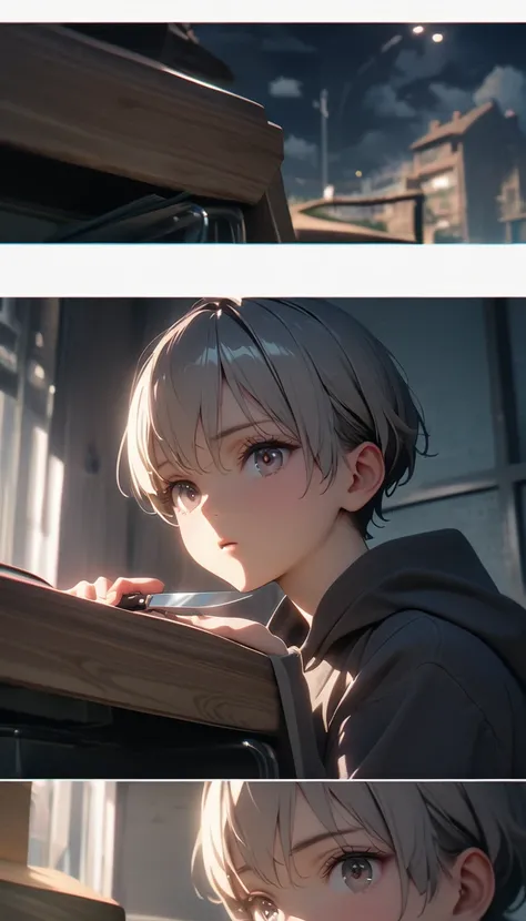 (8K, RAW photos, best quality, masterpiece: 1.4), (((The boy sits at the desk)))，Ultra-high resolution, Extremely detailed, light, Upper body close-up, handsome boy, black eyes, (delicate eyes, Eyes are bright:1.2), Gray short hair, Fair skin,dark, Grey sw...