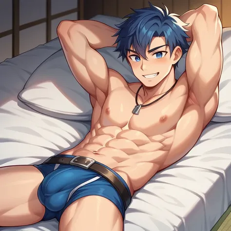 1 cute male,  looking at the camera, smiling, Dark Blue Hair, blue eye, wearing no shirt, Athletic Belt, lying in the bed, japanese house , Handsome boy, hot body, wearing no shirt, black neck necklace, Athletic Belt, bulge Calvin Klain Navy Blue Briefs, h...