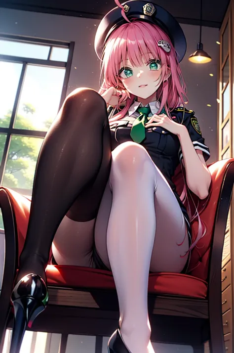 Lara Deviluke, Lara Deviluke, Long Hair, Pink Hair, tail, Ahoge, bangs, hair ornaments, (Green Eyes:1.5), smile,blush,Open your mouth,demon tail,Police hat with black rimmed glasses,Sexy police uniform,Black pencil skirt, black pantyhose,Stiletto heels,sit...