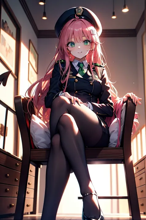 Lara Deviluke, Lara Deviluke, Long Hair, Pink Hair, tail, Ahoge, bangs, hair ornaments, (Green Eyes:1.5), smile,blush,Open your mouth,demon tail,Police hat with black rimmed glasses,Sexy police uniform,Black pencil skirt, black pantyhose,Stiletto heels,sit...